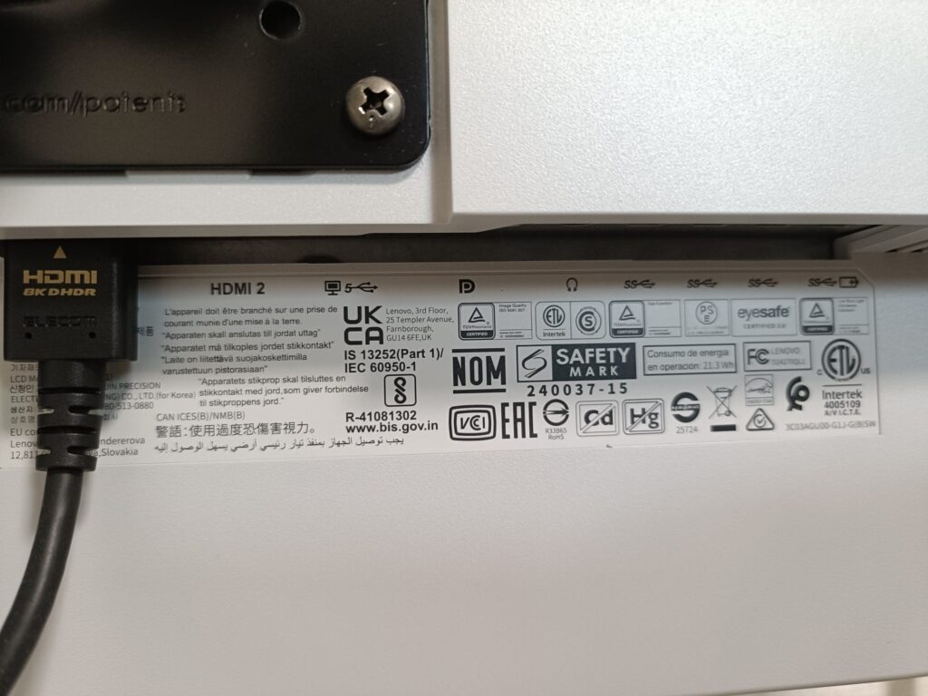 Lenovo L27q-4A モニター (27.0インチ IPS WLED液晶 QHD 100Hz 1ms 非光沢 チルト対応 VESA) グレー 接続端子
